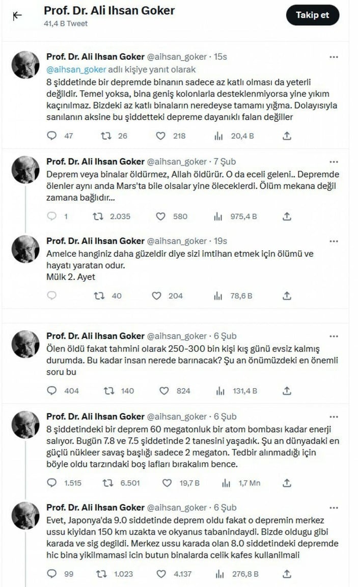 Profesör Ali İhsan Göker’in ‘Deprem veya binalar öldürmez, Allah öldürür’ paylaşımına soruşturma