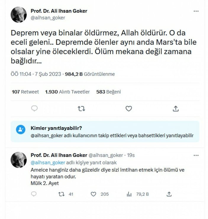 Profesör Ali İhsan Göker’in ‘Deprem veya binalar öldürmez, Allah öldürür’ paylaşımına soruşturma