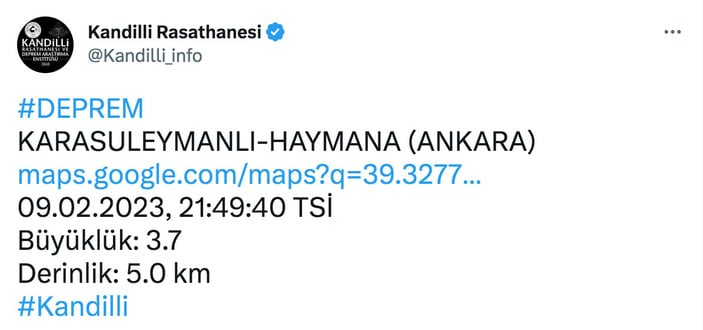 SON DAKİKA DEPREM! Ankara, Karasüleymanlı - Haymana 3.7 büyüklüğünde deprem.