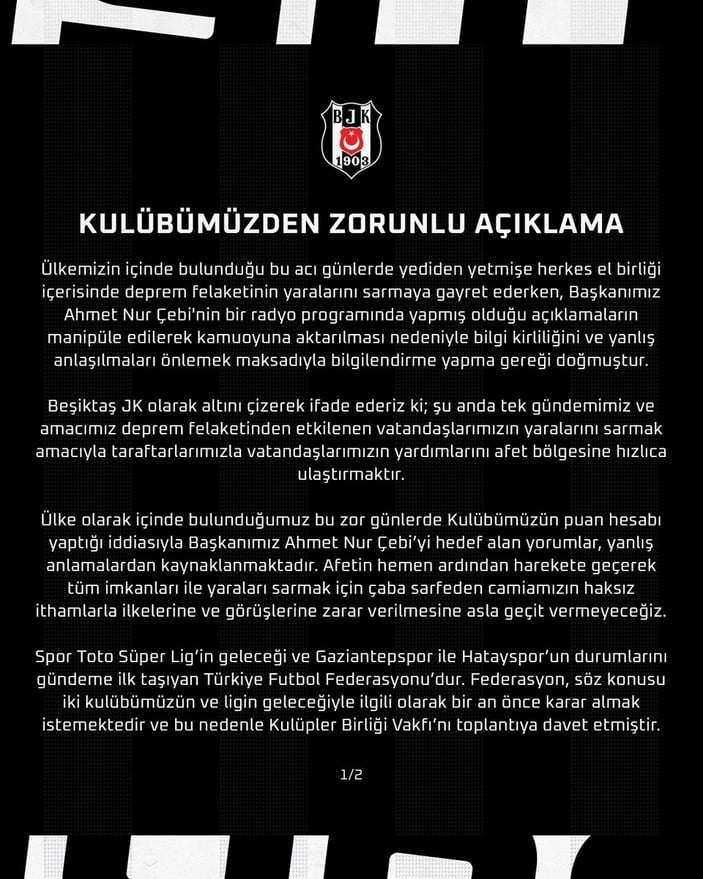 Beşiktaş'tan Ahmet Nur Çebi'nin sözleri için açıklama