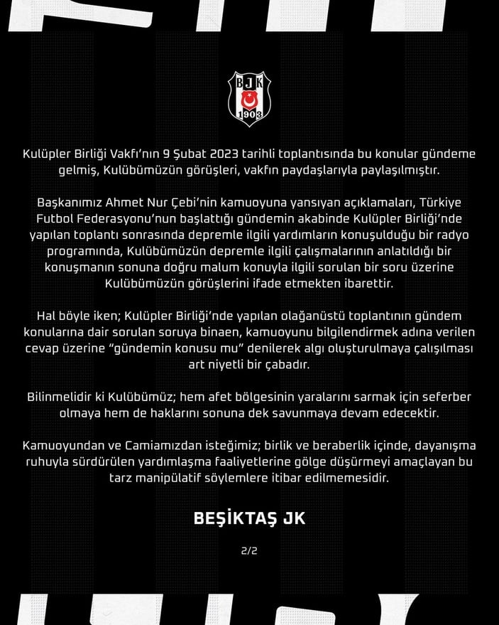 Beşiktaş'tan Ahmet Nur Çebi'nin sözleri için açıklama