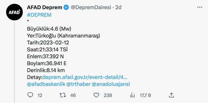 SON DAKİKA DEPREM! Kahramanmaraş Türkoğlu'nda 4,6 büyüklüğünde deprem.