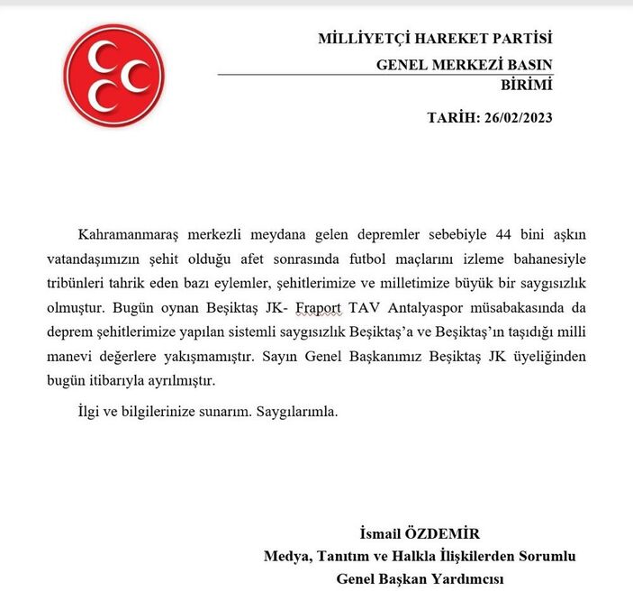 Devlet Bahçeli, Beşiktaş üyeliğinden ayrıldı