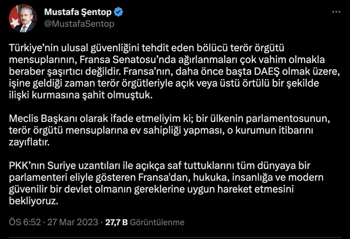 PKK/YPG'lilerin Fransa Senatosu'nda ağırlanmasına TBMM Başkanı Mustafa Şentop'tan tepki