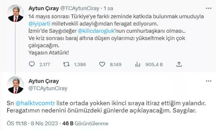 İYİ Partili Aytun Çıray, milletvekili adaylığından çekildiğini açıkladı