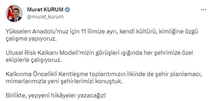 Murat Kurum paylaştı! 11 ilimize ayrı, kendi kültürü, kimliğine özgü çalışma yapıyoruz