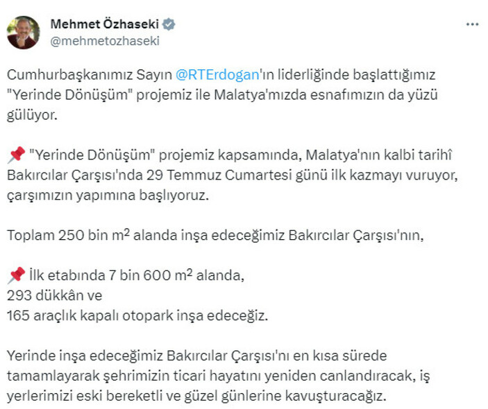 Mehmet Özhaseki: Malatya'nın kalbi tarihi Bakırcılar Çarşısı'nda ilk kazmayı vuruyoruz