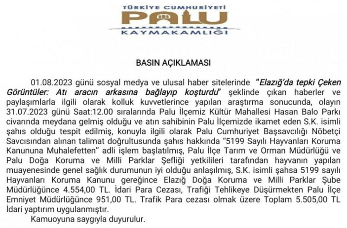 Elazığ'da atı aracın arkasına bağlayıp koşturan şahsa 5 bin 505 lira ceza